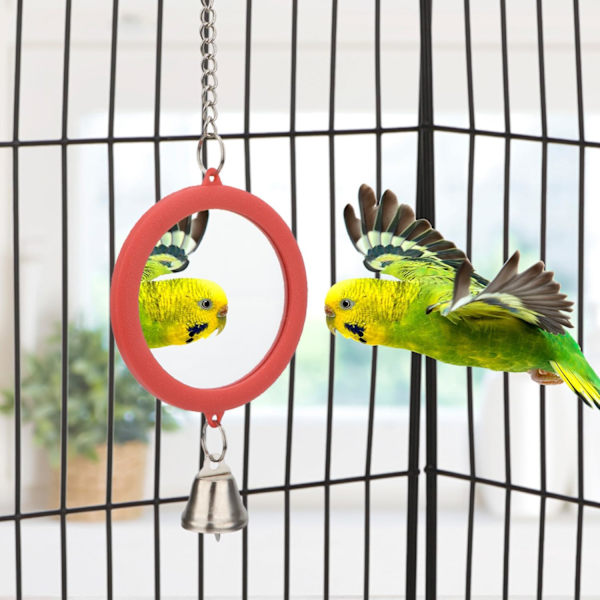 d Spejl med Klokke Interaktiv Papegøje Legetøj Fuglebur Spejl til Kakadue Parakitter Kanariefugle Budgie (RØD) RED