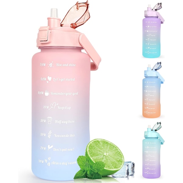 Vandflaske 2L BPA Fri Sportsdrikkedunk med Tidsmarkering & Låsbar Dæksel, Lækagesikker 2 Liters Vandflaske med Bærbar Håndtag, Pink Rød Vandflaske Pink2l