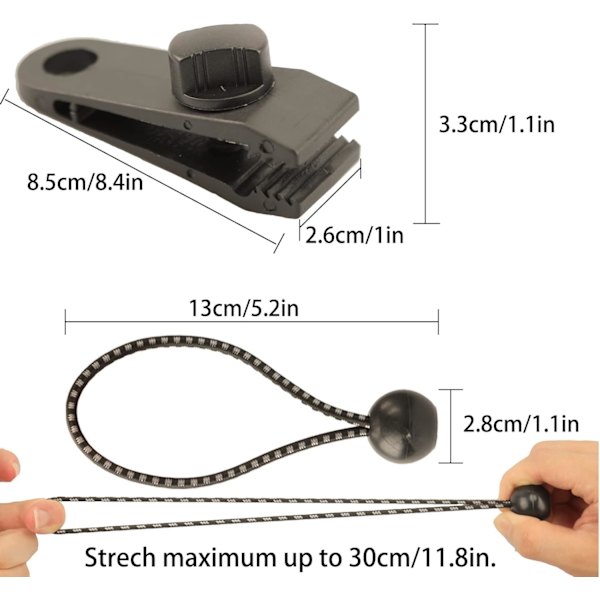 10 stk. presenningklemmer teltklemmer kraftig låsgreb med 10 stk. kuglebungee-snore, faste plastik linoleum teltklemmer presenningklemmer teltbeslag, telt Black 16cmx13cmx6.5cm