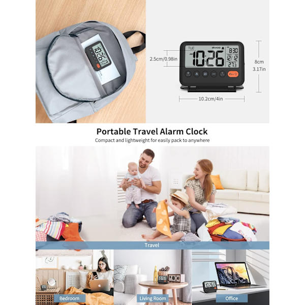 Reseväckarklocka: 2-nivåers bakgrundsbelysning, 2 volymer, 12/24H, kalender, temperatur, helgläge, snooze, fällbart lock, batteridriven liten Digi Black