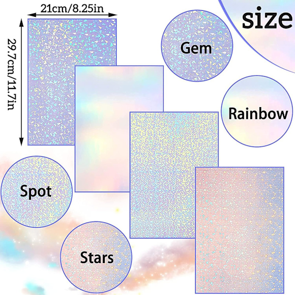 40 arkkia holografista itseliimautuvaa paperia, läpinäkyvää A4-kokoista kalvoa, vedenpitävää itseliimautuvaa, 11,7 x 8,3 tuumaa (jalokivi, piste, väri,
