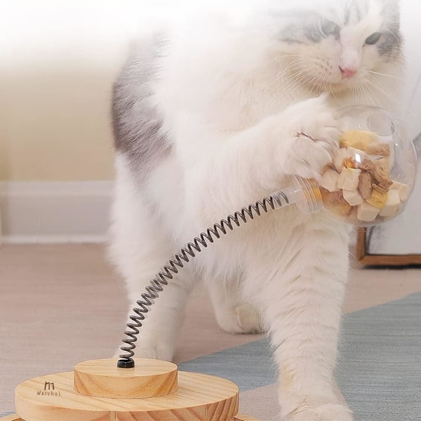 Katt Leksaker Interaktiva för Innekatter Kattunge Leksak, Katt Boll Leksak Katt Godis Fjäder Leksak med Cirkel Boll Spår, Trä Automatisk Katt Leksak Långsam Matare Tr Treat Toy