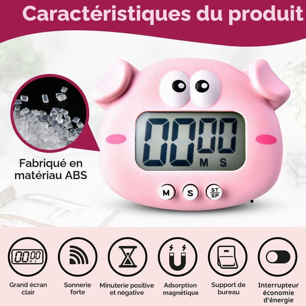 Köksklocka, digital timer i form av ett tecknat djur (gris-modell) pink