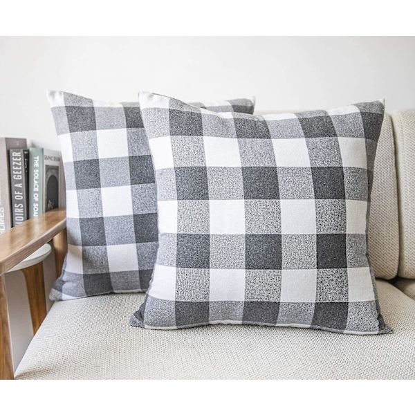 Set med 2 bondgårdsstilar Buffalo Check Rutig Kuddfodral Kuddeöverdrag Polyester för Soffa Grå och Vit, 20 x 20 Tum