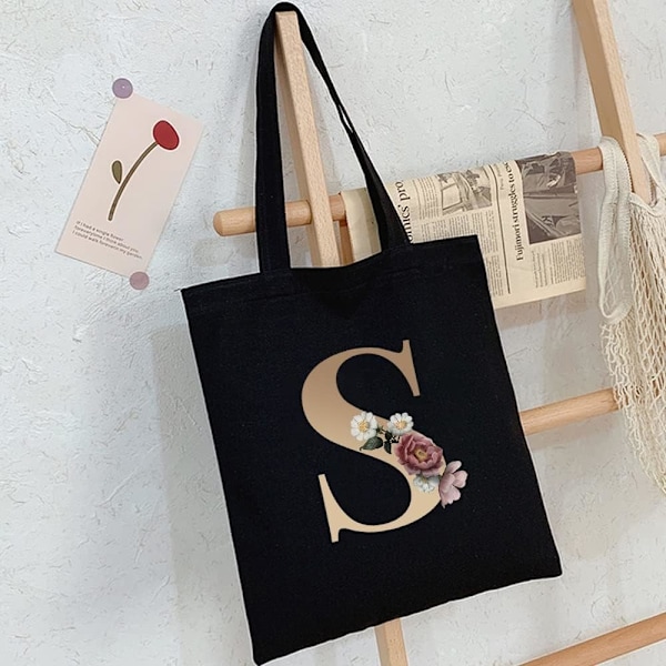 26 bokstäver tryckt canvas återanvändbara matkassar, hopfällbar casual resehandväska, axel strand tote väskor, shopper väska miljövänlig super stark tvättbar Gold S