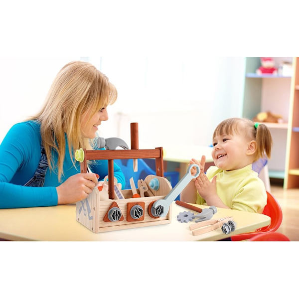 Träverktygsset för barn, träleksak för småbarn med verktygslåda, Montessori STEM pedagogisk låtsaslek-byggleksak för 3 4 5 6 år gamla pojkar och flickor