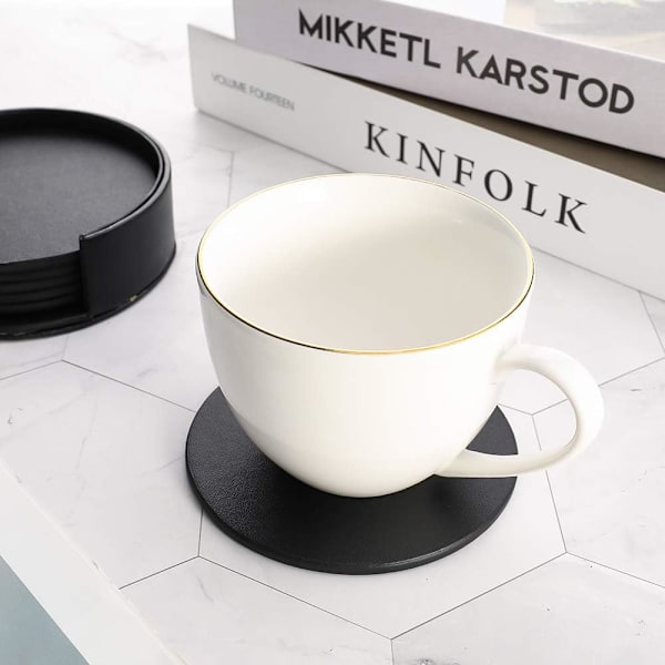 Mustat pyöreät aluslaatat juomille, 6 kpl, PU-nahkainen aluslaattasarja, kuppimatot kahville, oluelle, teemukille, viinipubille, juoma-aluslaattasarja pidikkeellä