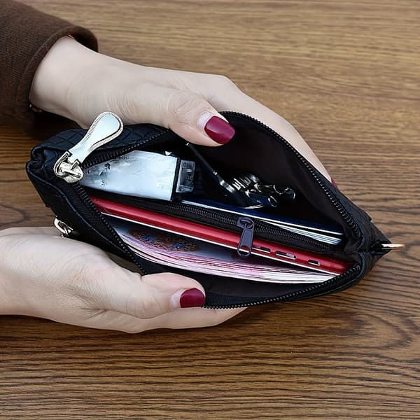 Quiltet clutch til kvinder — Multi-lynlås håndtaske til telefon og penge (Sort)