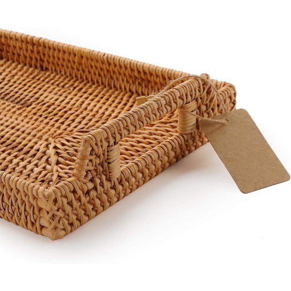 Hand-woven Rattan Rectangular Serving Tray With Handles For Breakfast, Drinks, Snack For Coffee Table (14.5x10.2x1.4inches)