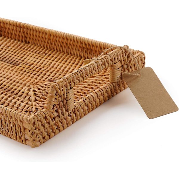 Handvävd Rattan Rektangulär Serveringsbricka Med Handtag För Frukost, Drycker, Snacks För Kaffebord (14.5x10.2x1.4 tum)