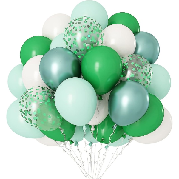 Grønne hvite ballonger, 50 stk Grønne metallballonger Konfetti hvite lateksballonger 12 tommer ballongsett med bånd til skogbursdagsfestdekorat