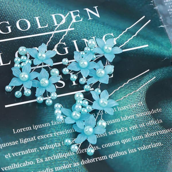 Perle brude bryllup hårnåler blå perle hårstykke brudeblomst hodeplagg brudepike hår tilbehør for kvinner og jenter (3-pakning) (blå)