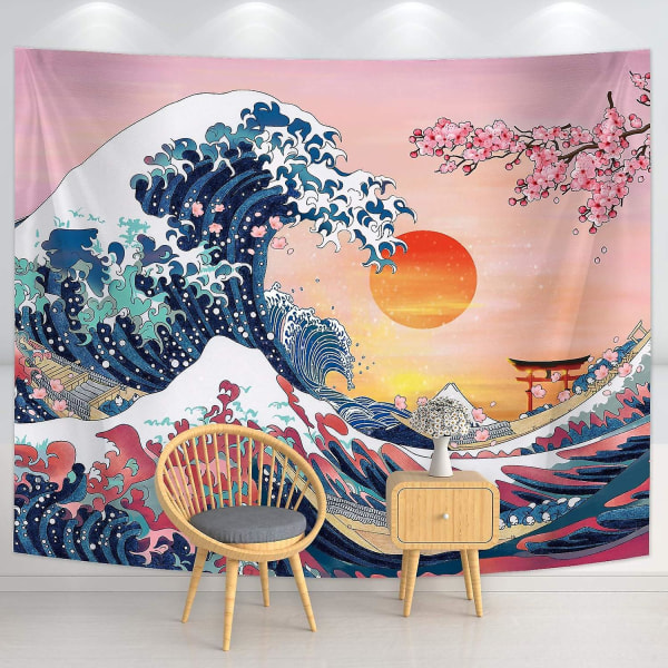 Great Wave Tapestry Japansk Ocean Wave Tapestry Solnedgang Tapestry Cherry Blossom Tree Baggrund Kanagawa Mountain Tapestry (59 X 78,7 tommer)