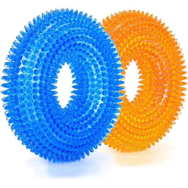 Holdbare kjæledyr valp hund squeaky tyggeleker, bitresistent giftfri myk naturgummi, hund kjæledyr tygge tannrens ring leketøy (2 stk) Blue+Orange