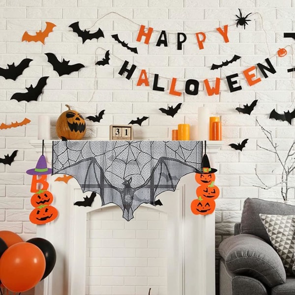 Spindelnät Fladdermöss Fönstergardin Halloween Spets Öppen spis Mantel Halsduk för Spooky Spindelnät Halloween