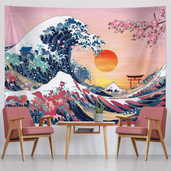 Great Wave Tapestry Japansk Ocean Wave Tapestry Solnedgång Tapestry Cherry Blossom Tree Bakgrund Kanagawa Mountain Tapestry (59 X 78,7 tum)