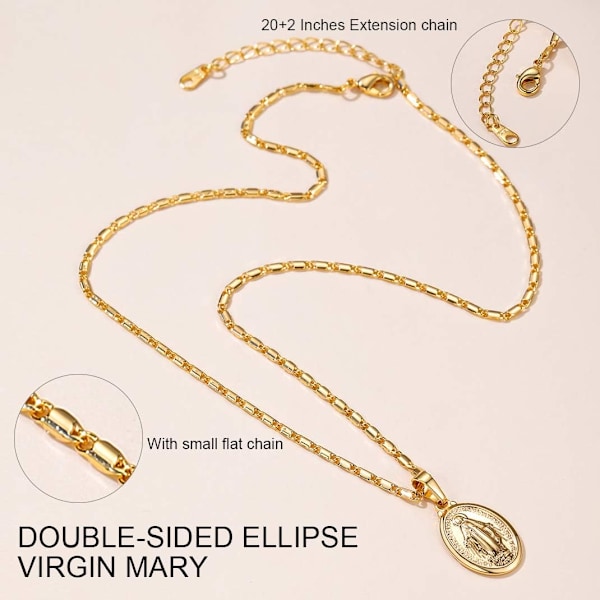 Oval Miraculous Medal Halsband, Vår Fru av Nådens Hänge med Filigran Kant, Jungfru Maria Religiöst Smycke för Kvinnor Män Small  18k Gold Plated