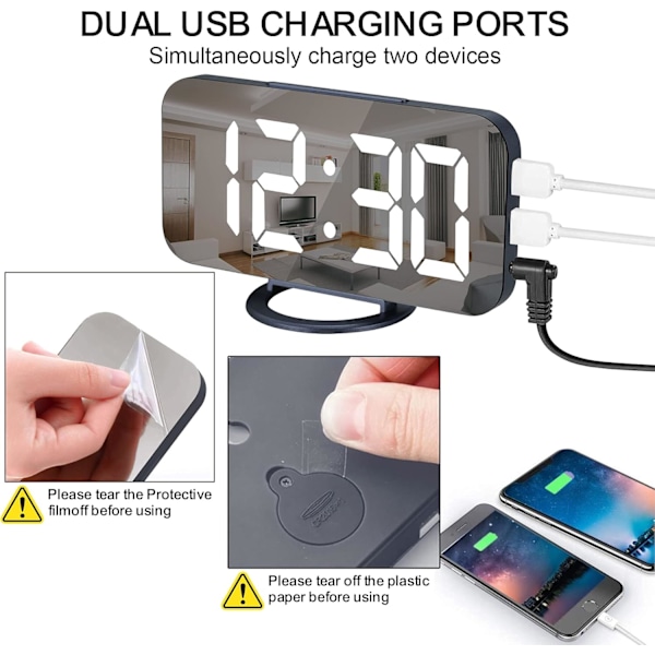 Väckarklocka för sovrum, LED och spegel digital klocka med stor display, med 2 USB-laddningsportar, automatisk dämpning, snooze-funktion, modern skrivbords-/väggklocka Navy Blue