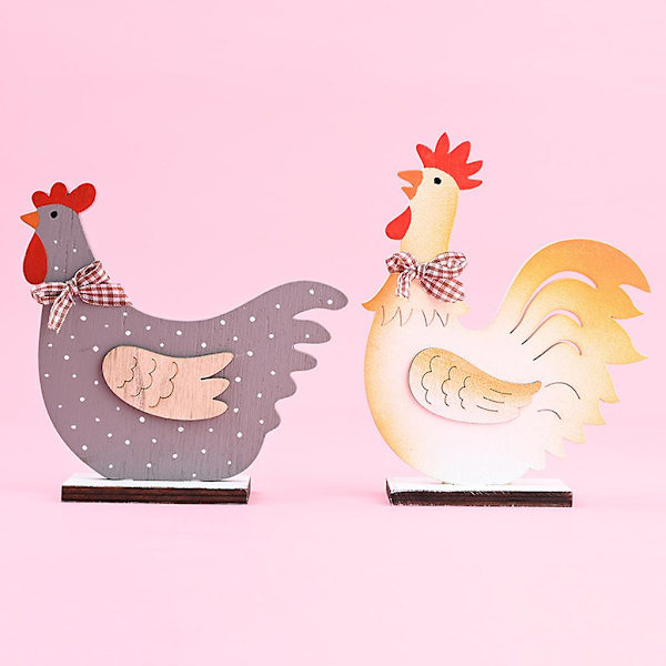 2-pack Träfigurer i form av påsktupp med rosett - Kyckling - Hemfest DIY Dekoration Prydnad Festivalgåvor