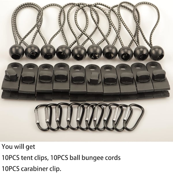 10 st Tarpklämmor Heavy Duty Lock Grip med 10 st Boll Bungee-snören, 10 st Karabinklämmor, Fixerade Plast Linoleum Tältklämmor Tarpklämmor Tält Fas Black 16cmx13cmx7cm