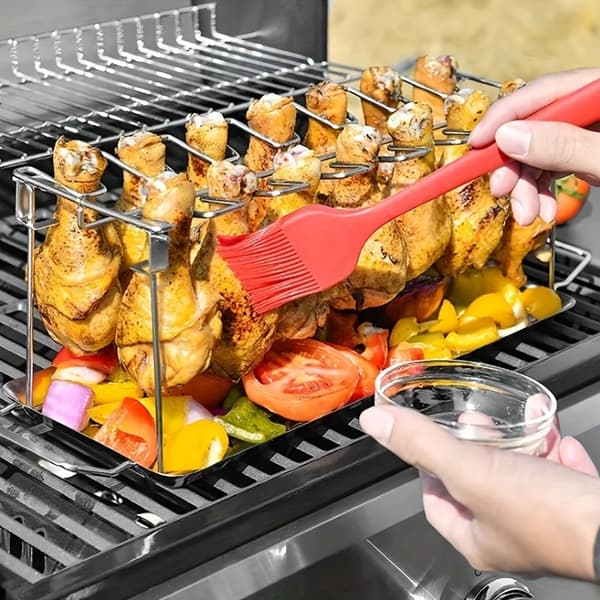 Rustfrit stål-stativ til kyllingelår og vinger — Foldbart vertikalt stegestativ til grill, røgovne og ovne