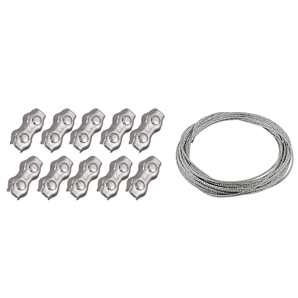 11 stk. Rustfrit Stål Wire Rope Klemmer + Kabel: 10 stk. 3mm Duplex Klips Wire Kabel Rope Greb Klemmer