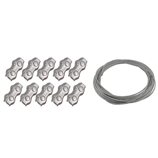 11 stk rustfritt stål wire tau klemmer + kabel: 10 stk 3mm Duplex klips wire kabel tau grep klemmer