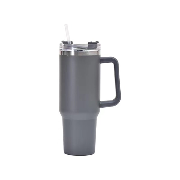 40 oz Rustfritt Stål Vakuumisolert Krus Dobbel Vegg Reise Termokopp Bil Kaffekrus med Sugerør og Håndtak for Varm Iskaffe (Grå) grey