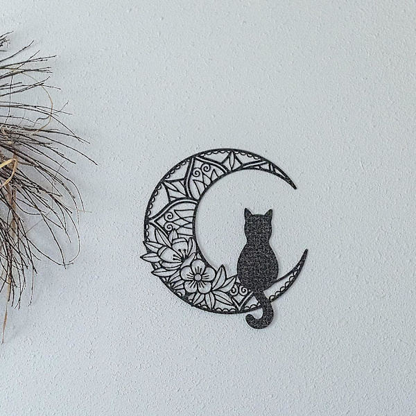 Svart katt och måne väggkonst, månfas väggkonst, svart katt på månen väggpediment för kattälskare