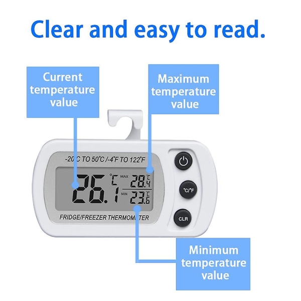 Vanntett Kjøleskaps- og Frysertermometer, Digital Romtermometer, Opptaksfunksjon Stor LCD-skjerm