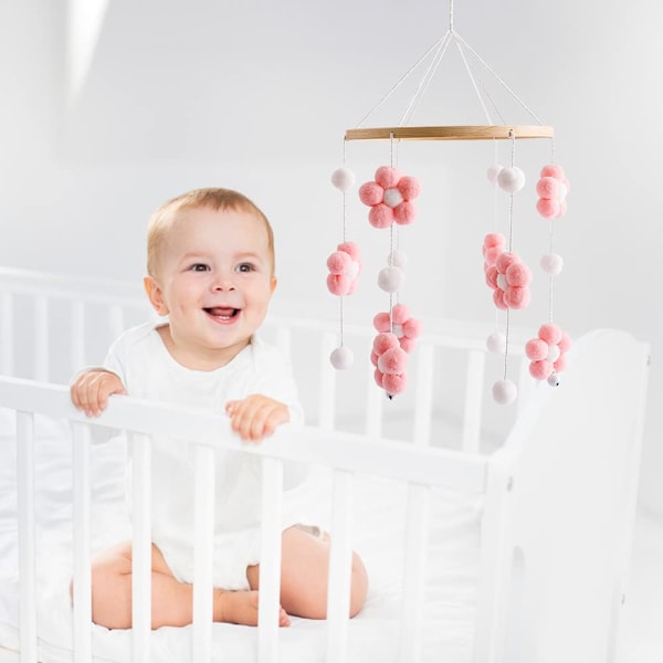 Træ babymobil med filtbolde, krybbeklokke, hængende blomster, filtmobil, hæklet klang, vedhæng til nyfødt, dreng og pige, krybbedekoration, flow