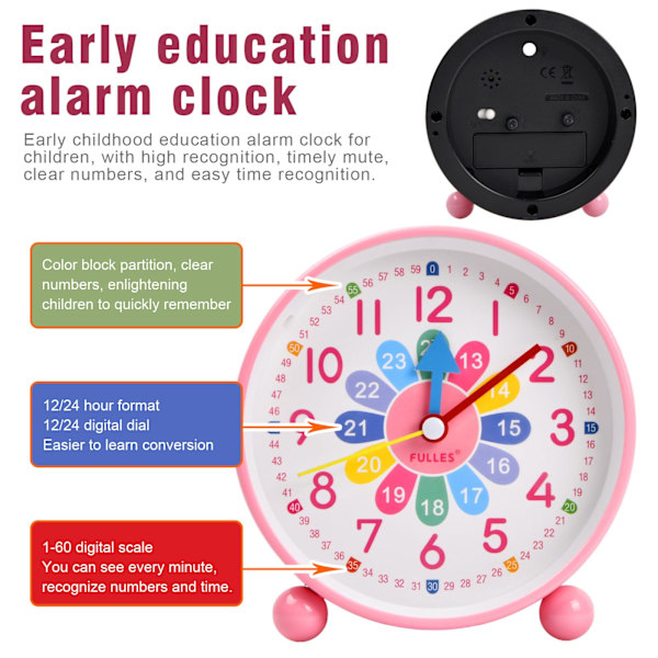 Barnalarmklocka, Tyst Analog Kvarts Klocka med Snooze och Ljus, Sängbordsklocka för Barn, Lära sig Läsa, för Pojkar och Flickor pink