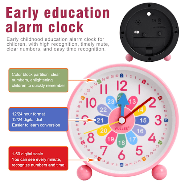 Vekkerklokke for barn, lydløs analog kvartsklokke med snooze og lys, nattbordsklokke for barn, lære å lese, for gutter og jenter pink
