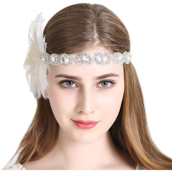 Flapper Gatsby -panta 1920-luvun päähine Retrot tyyli Roaring 20-luvun asusteet naamiaisiin, promoihin, hääjuhliin White Feather