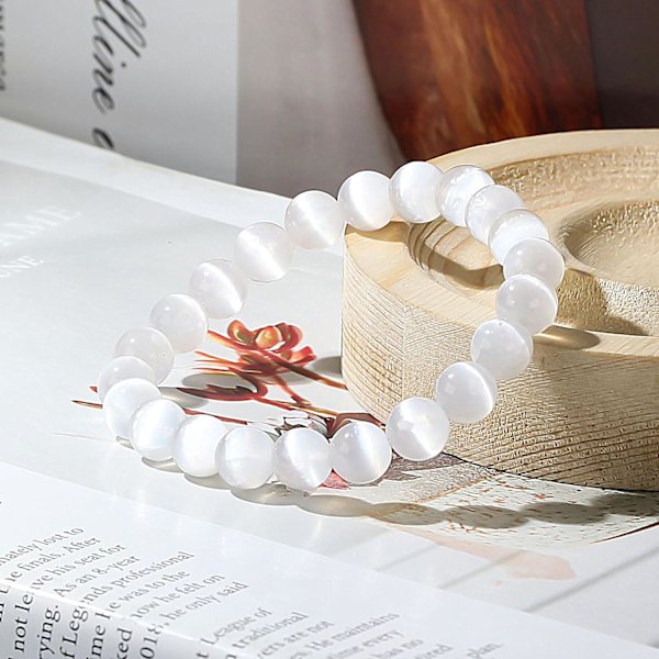 Kristall Armband, 8mm Naturstenspärlor Armband, Läkande Kristall Armband för Kvinnor Män Selenite