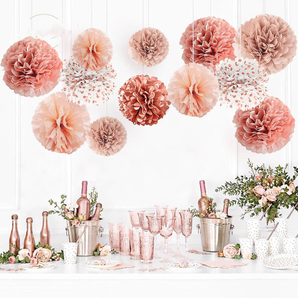 12 st roséguld korall silkespapper pom poms för bröllop babyshower födelsedag brud brud