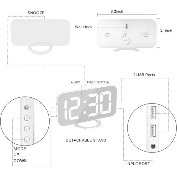 Digital väckarklocka, LED RGB färgglada klockor, med spegelyta stor skärm, 2 USB-laddningsportar, automatisk dämpning, modern skrivbords klocka för sovrum hem Whitergb