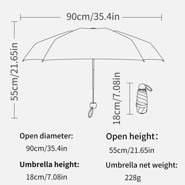Rejseparaply, miniparaply med 6 ribber Lille UV-paraply med kapselhylster Hurtigttørrende og ultrakompakt foldeparaply 90 x 55 cm, blå