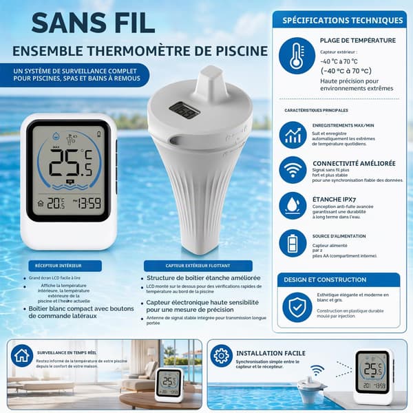 IP68 Trådløst Pooltermometer, Højpræcisions Flydende Digitalt Termometer (-40°C til +70°C), Vandtæt