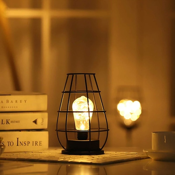 Dekorativ bordslampa, retro bordslampa, bur-stil, nattlampa, retro, batteridriven, sovrumsbordslampa
