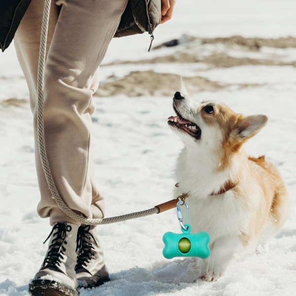 Hundeposeholder Hundeavfallsposer Dispenser med lekkasjesikre grønne hundeposer og sikkerhetsklips for bånd på farten for å gå tur med hunder utendørs (1 Blue 1 Holder 15 Bags