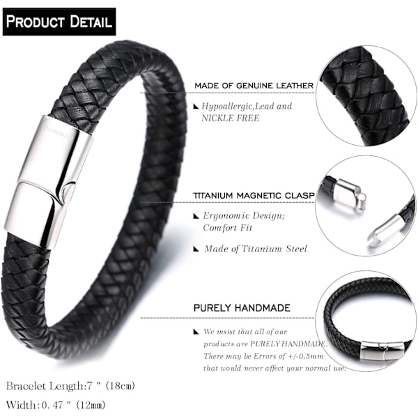 Barne-smykker ● Solo Junior ● Lær armbånd i klassisk svart/brun, for 6 til 15 år, med utsøkt gull/sølv/svart titan magneter Black Leather Silver Clasp 18cm