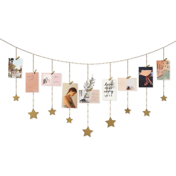 Hängande fotodisplay Boho-dekor trästjärnor girland med metallkedjor Bildram Collage med 30 träklämmor Tonåring
