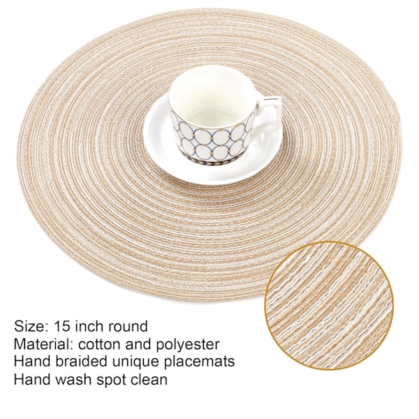 38 cm pyöreät tabletit, 6 kpl, punotut kudotut tabletit, pestävät pöytätabletit, pyöreät lämmönkestävät pöytätabletit keittiön ruokapöytään (beige)