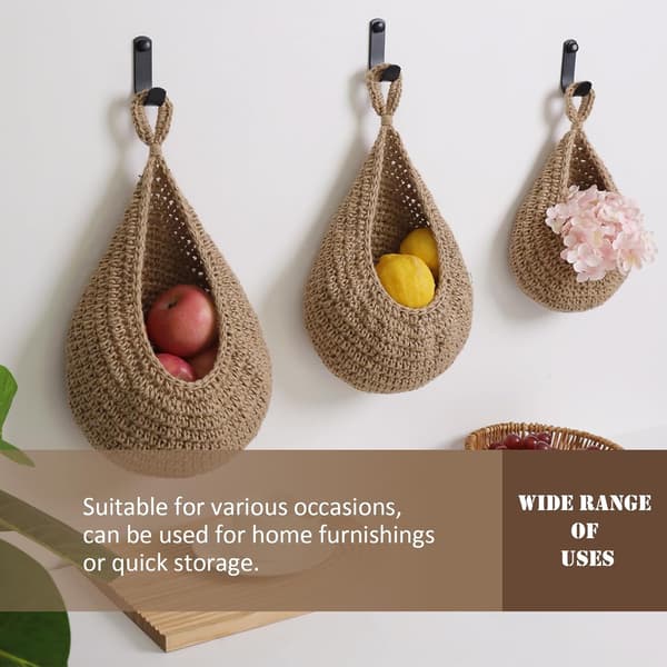 Väggmonterad köksfruktkorg i vävd design. Set med tre khaki bomullsrepfruktkorgar för väggmontering av grönsaker