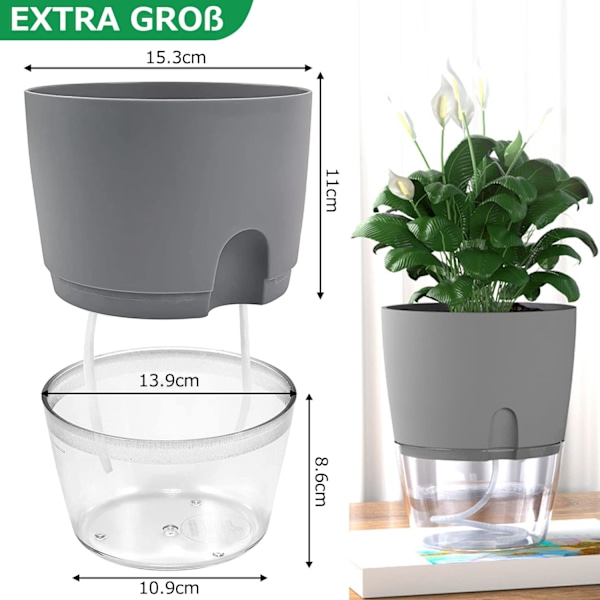 Plastpotter for innendørs planter, 3-pakning, 15 cm selvvannende potter, moderne dekorative plastpotter for alle innendørs planter, blomster og urter (gr