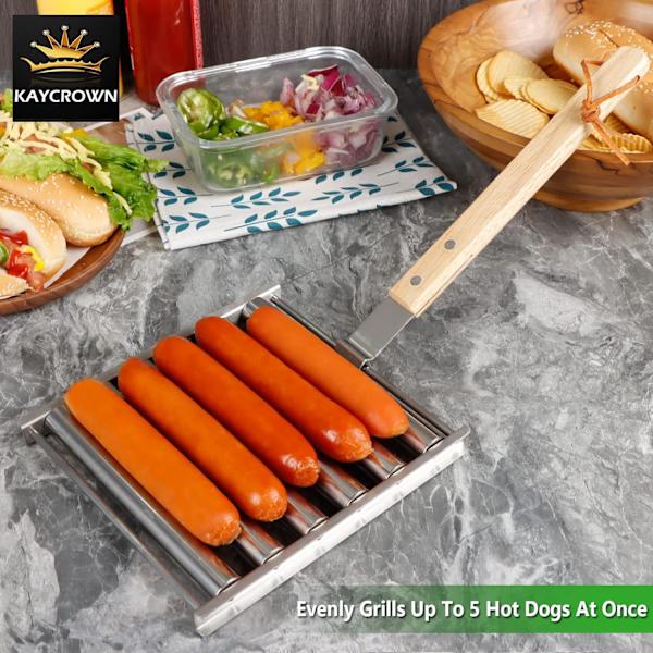 Pølse-Rulle i Rustfrit Stål med Ekstra Langt Træhåndtag, BBQ Pølse-Grill til Jævnt Tilberedte Pølser, 5 Pølse Kapacitet Silver