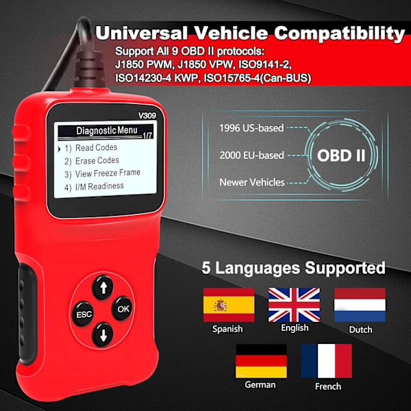 Auton OBD2-skanneri, yleinen langallinen automaattimoottorin vikakoodinlukija CAN-diagnostiikkatyökalu V309 moottorin vikavalon tarkistamiseen, I/M-valmius savutarkastukseen, HD LCD V309