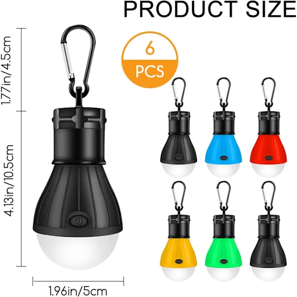 6 st Campinglampor för Tält, Bärbar Batteridriven Campinglykta LED Tältlampa 3 Belysningslägen Utomhus Hängande Lampa för Nödläge