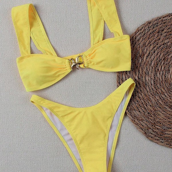 Keltainen yksivärinen bikini, kaksiosainen urheilubokseri, korkea kaulus, edestä solmittava uimapuku yellow x